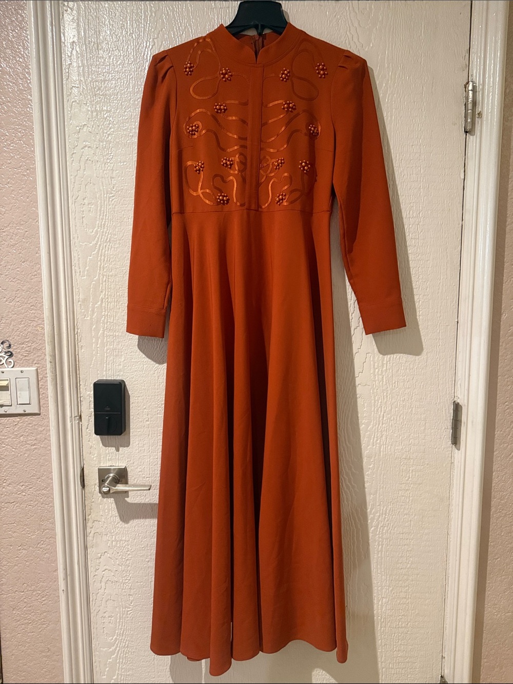Classic Long Sleeve Maxi Dress in Rust with Embroidered Bodice
